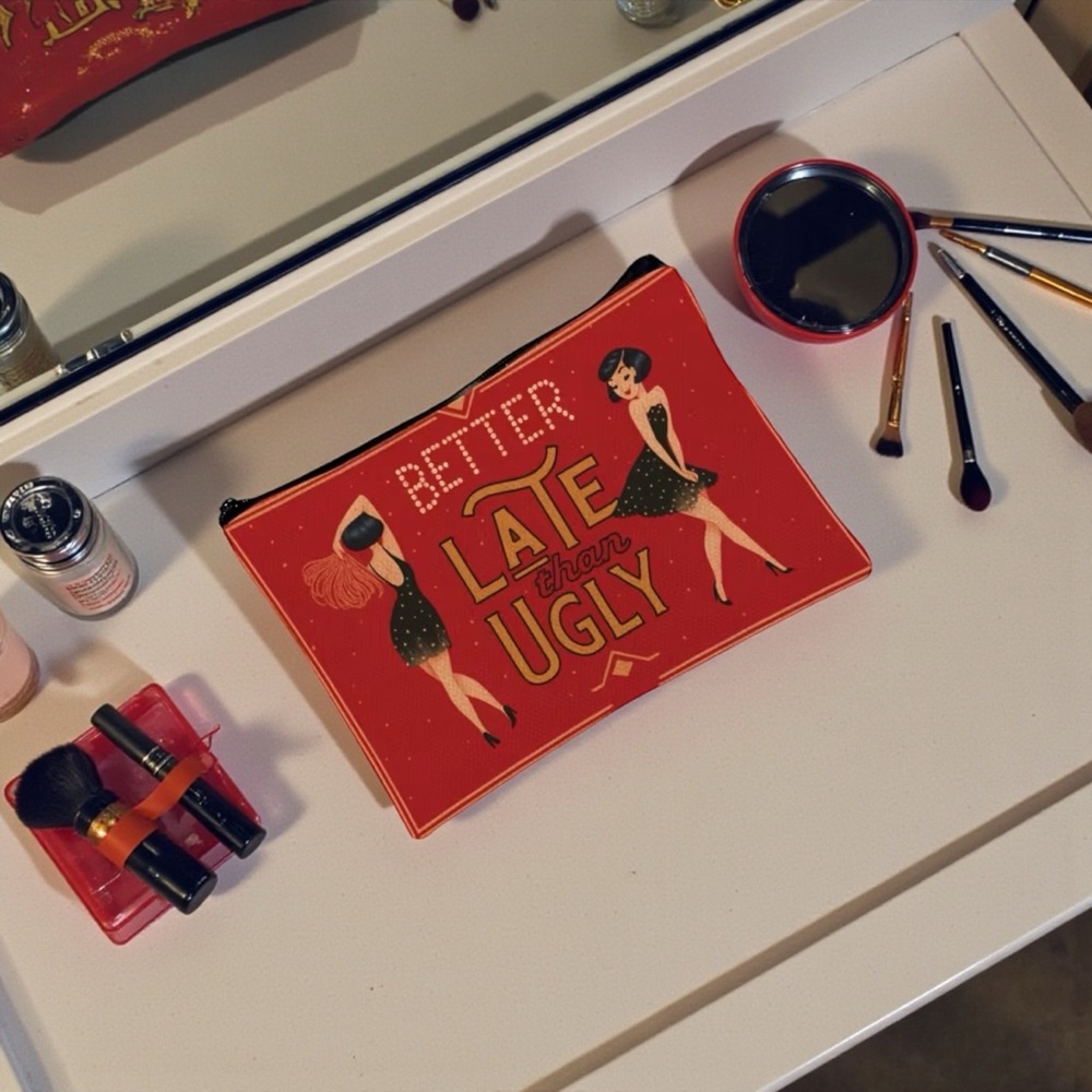 Cosmetic Bag “Better Late Than Ugly” Red Makeup Zippered Pouch - Picture 2 of 4